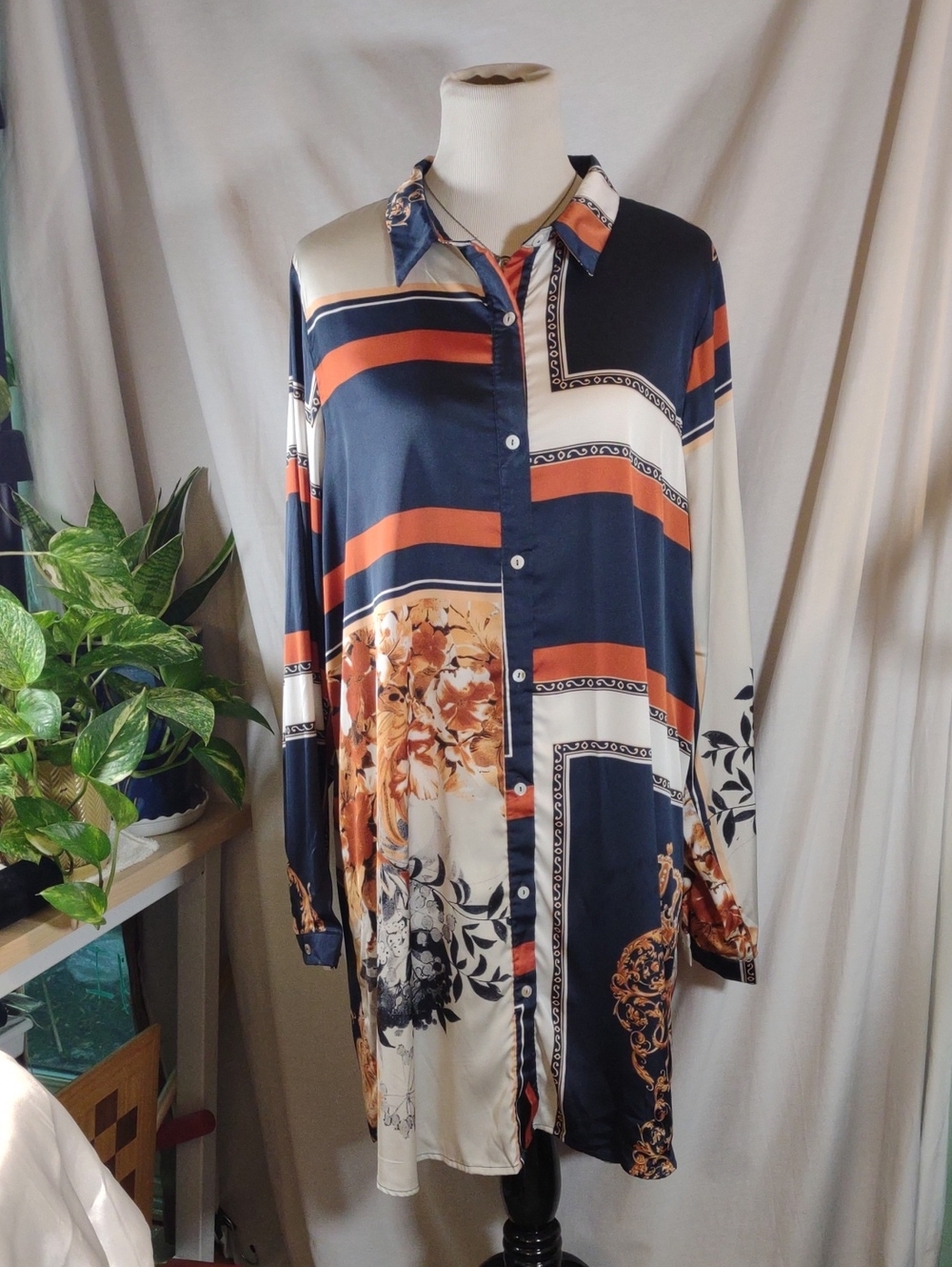 Fashion Nova Navy, Rust & Cream Patterned Satin Blouse Dress/Tunic - Size 2X